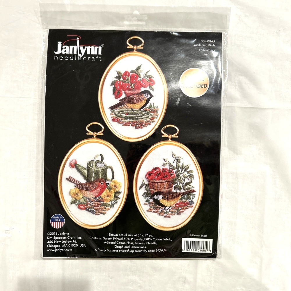 Janlynn Gardening Birds Embroidery Kit Set of 3 Birds Floral Oval Frames New